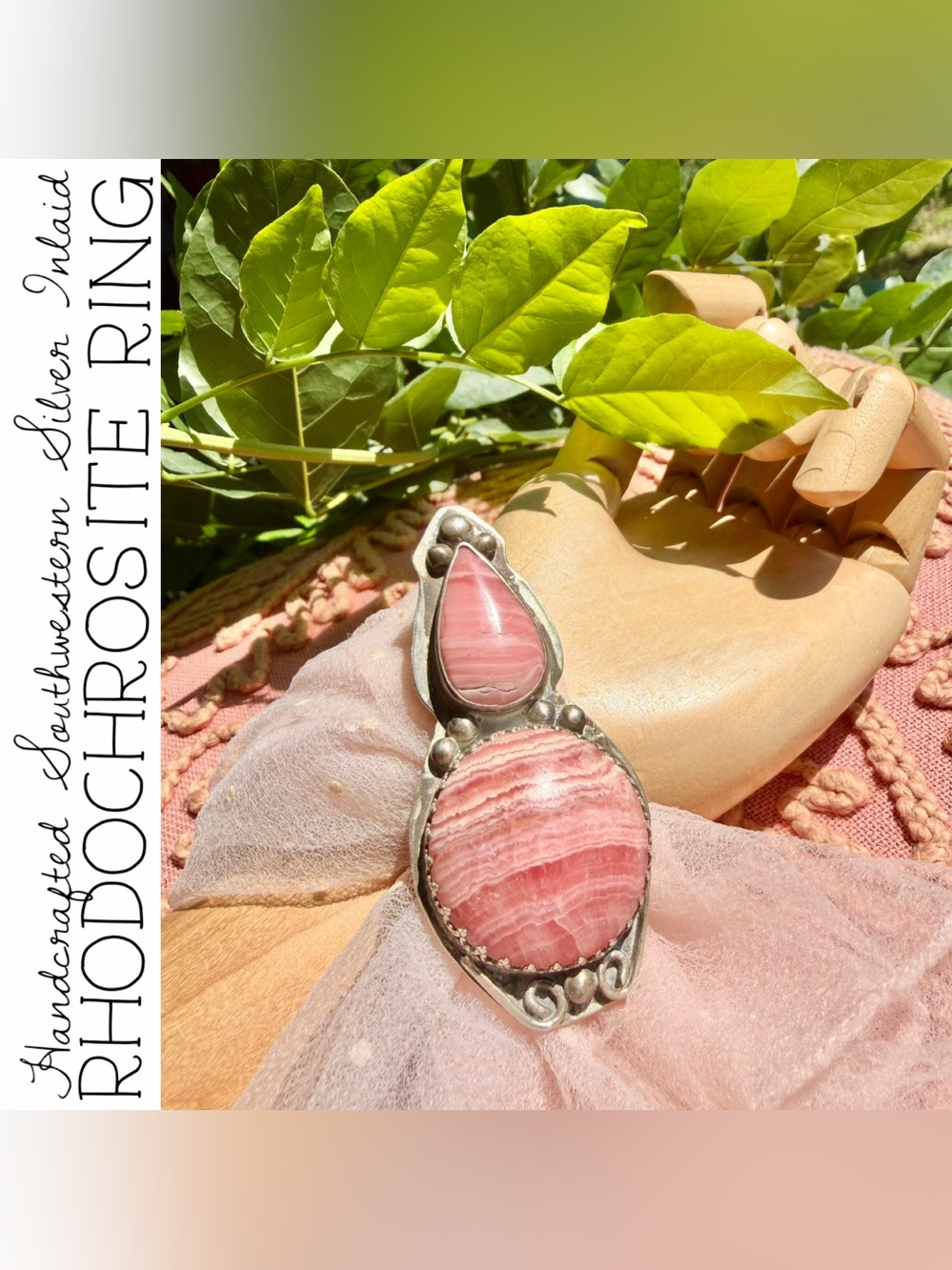 Handcrafted Southwestern Inlaid Pink Opal & Rhodochrosite Silver Statement Ring